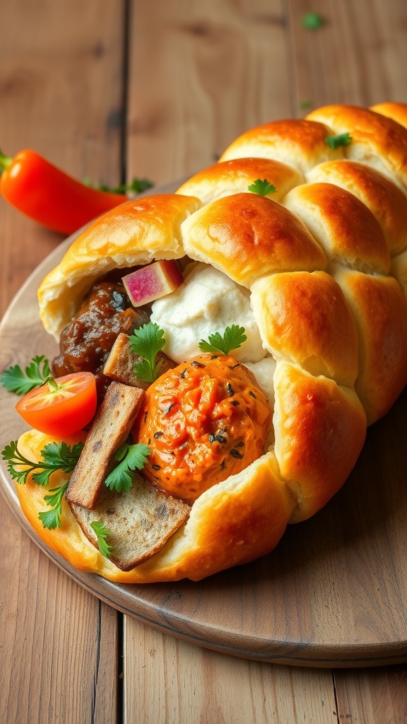 A golden-brown bread cornucopia filled with dips and vegetables on a rustic wooden table.